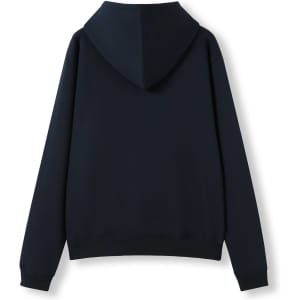 A navy women's hoodie with a kangaroo pocket and a hood, featuring a plain back view.
