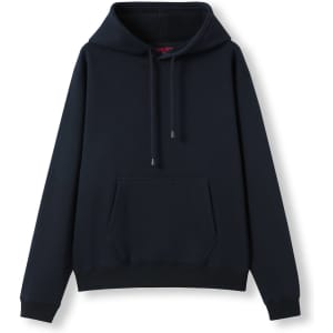 A navy blue women's juniors kangaroo pocket hoodie with a hood and drawstrings, featuring a logo.