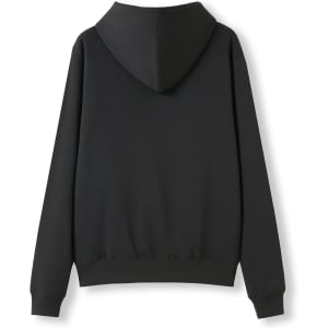 A black women's juniors kangaroo pocket hoodie featuring a hood and long sleeves. It has a logo on the back.