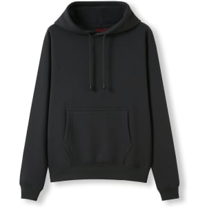 A women's juniors kangaroo pocket hoodie in black, featuring a drawstring hood and a front pocket.