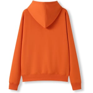 An orange women's juniors kangaroo pocket hoodie featuring a hood and long sleeves, with a simple design.