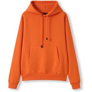 An orange kangaroo pocket hoodie with a hood and drawstrings. Features a front pocket and long sleeves.