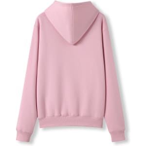 A pink women's juniors kangaroo pocket hoodie with a hood and ribbed cuffs. Features a branding logo on the garment.