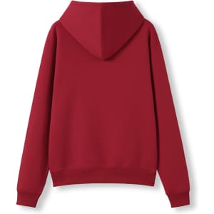 A red hoodie with a kangaroo pocket and a hood, featuring long sleeves and a simple design.