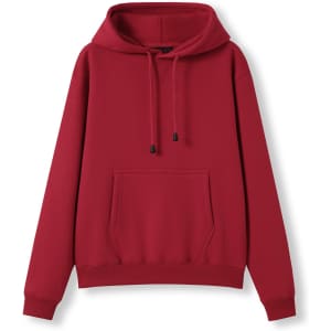 A red women's junior hoodie with a kangaroo pocket and drawstring hood. It has a plain design and includes a logo.