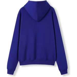 A blue women's junior kangaroo pocket hoodie featuring a hood and a solid back design.