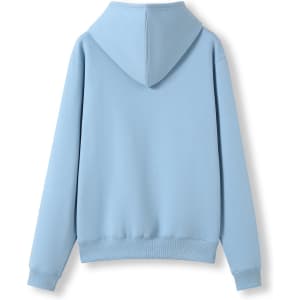A light blue women's kangaroo pocket hoodie with a fitted design and a hood at the back.