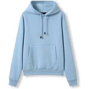A blue women's juniors hoodie featuring a kangaroo pocket and adjustable drawstring hood.