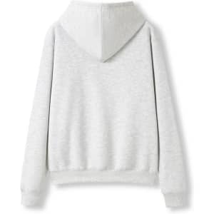 A grey women's/juniors hoodie featuring a kangaroo pocket and a hood, with a plain back view.
