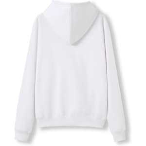 A white women's juniors kangaroo pocket hoodie, featuring a hood and long sleeves, viewed from the back.