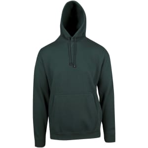 A dark green men's hoodie with a kangaroo pocket and a drawstring hood. It features a logo on the front.