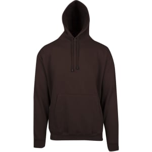 A brown men's hoodie with a kangaroo pocket and a drawstring hood, featuring a logo on the front.
