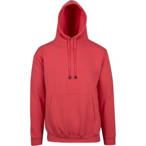 A red men's hoodie featuring a kangaroo pocket and a drawstring hood. It includes a brand logo.