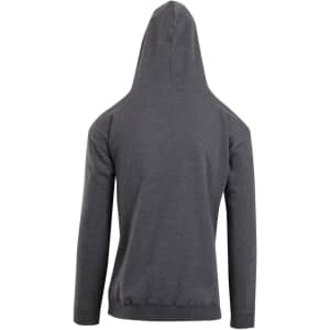 A grey men's hoodie with a kangaroo pocket and a large hood, featuring a logo on the sleeve.
