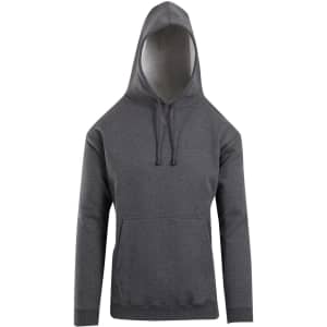 A grey men's hoodie featuring a kangaroo pocket and a hood, with an attached logo on the front.