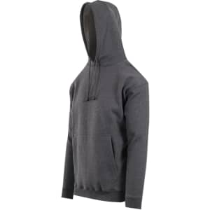 A grey men's hooded jumper featuring a kangaroo pocket and a drawstring hood, with a logo on it.