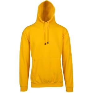 A yellow men's hoodie with a kangaroo pocket and an adjustable drawstring hood, featuring a logo.