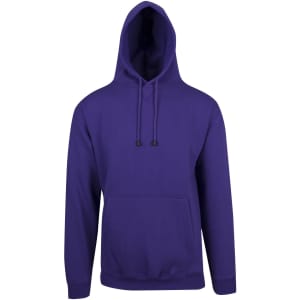 A purple kangaroo pocket hoodie featuring a drawstring hood and a front pocket. It has a branding logo.