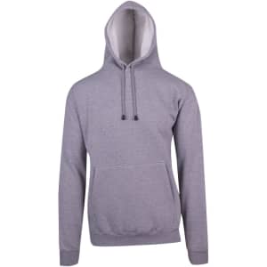 A grey men's hoodie with a kangaroo pocket and a drawstring hood, featuring a logo on the front.