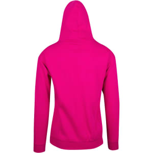A vibrant pink men's hoodie featuring a kangaroo pocket and a hood. The back is smooth with no visible design.