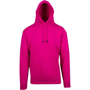 A bright pink men's hoodie with a kangaroo pocket and an adjustable drawstring hood. It features a logo on the front.