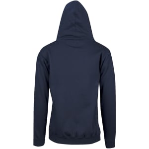 A navy blue hoodie featuring a kangaroo pocket and a hood, with a plain back view.