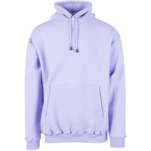 A lilac men's hoodie with a kangaroo pocket and a drawstring hood, featuring a logo.