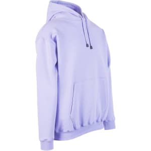 A lilac hoodie featuring a kangaroo pocket and adjustable drawstring hood, with a logo on the front.