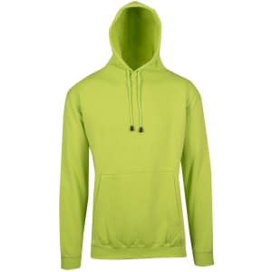 A lime green men's hoodie with a kangaroo pocket and a drawstring hood. Features a logo.