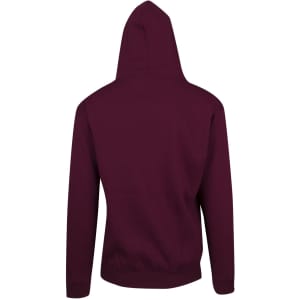 A maroon men's hoodie with a kangaroo pocket and a hood, featuring a plain design at the back.