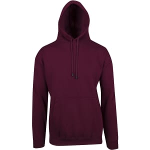 A maroon hoodie with a kangaroo pocket and a drawstring hood, featuring a logo on the front.