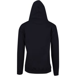 A black men's hoodie featuring a kangaroo pocket and a hood, presented from the back.