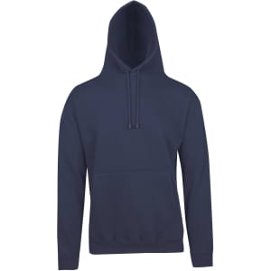 A navy blue men's hoodie featuring a kangaroo pocket and a drawstring hood. It has a logo on it.