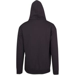 A black men's hoodie featuring a kangaroo pocket and a hood, displayed from the back. It includes branding.