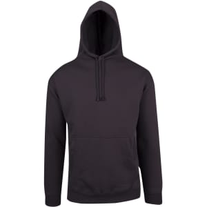 A black men's hoodie with a kangaroo pocket and a drawstring hood. It features a logo on the front.