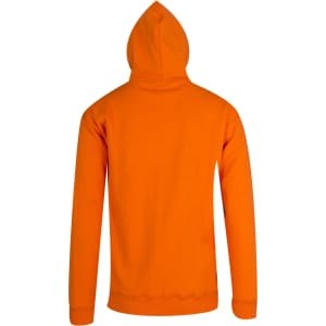 An orange men's hoodie with a kangaroo pocket and a hood, featuring a logo on the back.