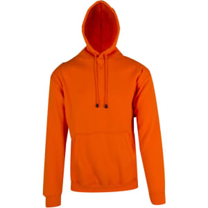 An orange hoodie with a kangaroo pocket and a drawstring hood, featuring a logo.