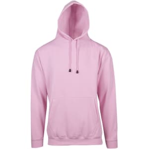 A pink hoodie with a kangaroo pocket and a hood. The design includes a logo on the front.