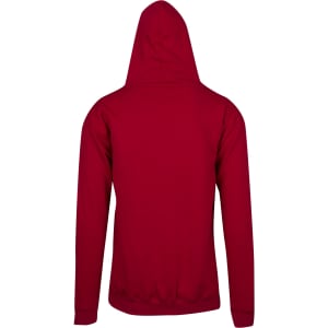 A red men's hoodie with a kangaroo pocket, featuring a hood and a simple design.