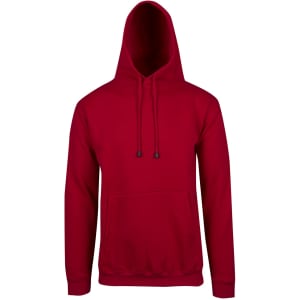 A red men's hoodie featuring a kangaroo pocket and a drawstring hood, with a logo on it.