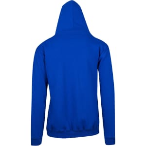 A blue men's hoodie featuring a kangaroo pocket and a hood at the back. It has a simple, clean design.