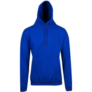 A blue kangaroo pocket hoodie with a drawstring hood and a front pouch pocket. It features a logo on the front.
