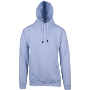 A light blue men's hoodie featuring a kangaroo pocket and a drawstring hood, with a logo on the front.