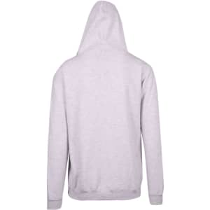 A grey hoodie with a kangaroo pocket and a hood, featuring a plain back view.