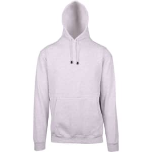 A light grey men's hoodie featuring a kangaroo pocket and a drawstring hood. The design includes a logo.