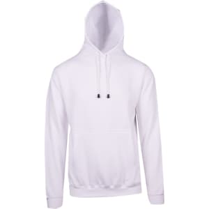 A white men's hoodie with a kangaroo pocket and drawstring hood, featuring a logo on the front.