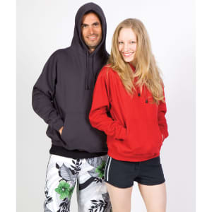 A grey and a red kangaroo pocket hoodie on a man and a woman, both smiling, with casual shorts and swimwear.