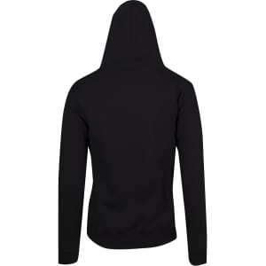 A black men's hoodie with a kangaroo pocket and a hood, seen from the back. Features a branding logo.