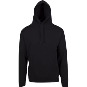A black kangaroo pocket hoodie featuring a hood and drawstrings, suitable for casual wear. It has a logo on the front.