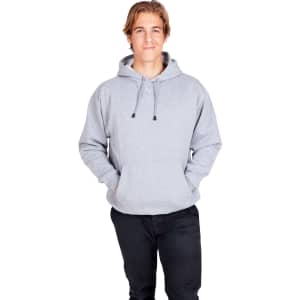 A light grey men's hoodie with a kangaroo pocket, modelled by a male figure, featuring a hood and drawstrings.